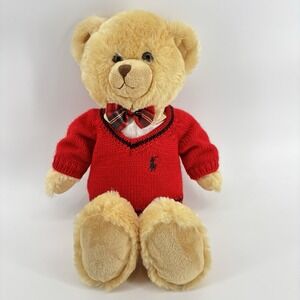 Ralph Lauren Plush Bear in Red Sweater with Plaid Bow